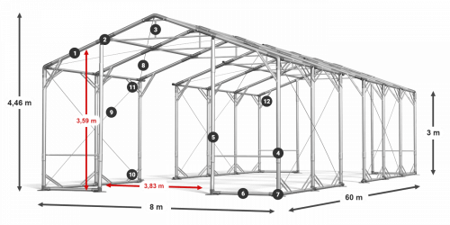 Skladový stan 8x60x3m strecha PVC 620g/m2 boky PVC 620g/m2 konštrukcia POLÁRNA PLUS