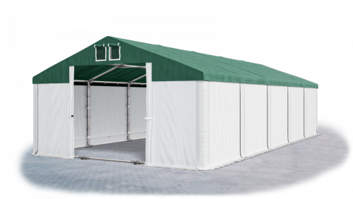 Garážový stan 4x8x2m střecha PVC 560g/m2 boky PVC 500g/m2 konstrukce ZIMA - Barva střešní plachty: Zelená, Barva boční plachty: Bílá, Barva svislých pruhů: Bílá