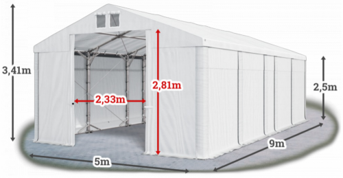 Skladový stan 5x9x2,5m střecha PVC 580g/m2 boky PVC 500g/m2 konstrukce POLÁRNÍ PLUS