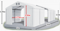 Skladový stan 6x26x2,5m střecha PVC 560g/m2 boky PVC 500g/m2 konstrukce POLÁRNÍ