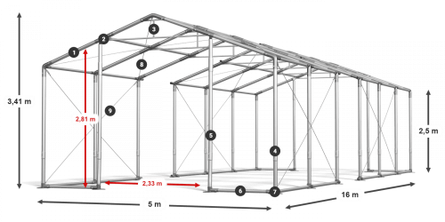 Párty stan 5x16x2,5m střecha PVC 620g/m2 boky PVC 620g/m2 konstrukce ZIMA PLUS