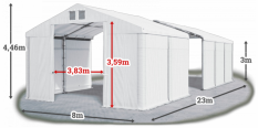 Skladový stan 8x23x3m střecha PVC 580g/m2 boky PVC 500g/m2 konstrukce ZIMA