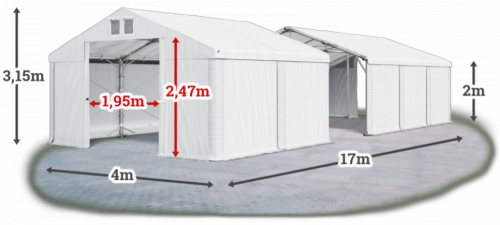 Skladový stan 4x17x2m strecha PVC 580g/m2 boky PVC 500g/m2 konštrukcia POLÁRNA