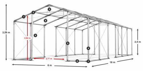 Párty stan 6x18x2,5m strecha PVC 620g/m2 boky PVC 620g/m2 konštrukcia ZIMA PLUS
