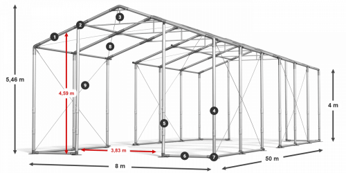 Párty stan 8x50x4m strecha PVC 620g/m2 boky PVC 620g/m2 konštrukcia ZIMA PLUS