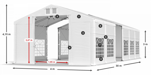 Párty stan 4x30x3m střecha PVC 560g/m2 boky PVC 500g/m2 konstrukce ZIMA PLUS