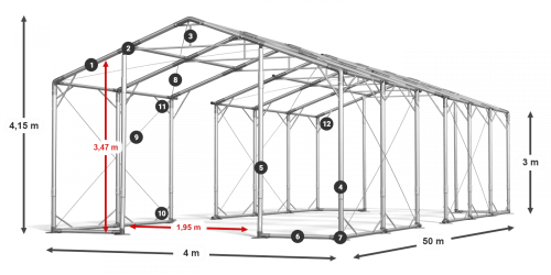 Skladový stan 4x50x3m střecha PVC 620g/m2 boky PVC 620g/m2 konstrukce POLÁRNÍ