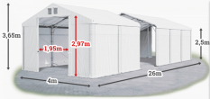 Skladový stan 4x26x2,5m střecha PVC 620g/m2 boky PVC 620g/m2 konstrukce POLÁRNÍ