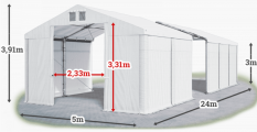 Skladový stan 5x24x3m střecha PVC 620g/m2 boky PVC 620g/m2 konstrukce ZIMA PLUS