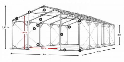 Skladový stan 4x10x2m střecha PVC 620g/m2 boky PVC 620g/m2 konstrukce POLÁRNÍ PLUS