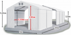 Skladový stan 5x20x2,5m střecha PVC 620g/m2 boky PVC 620g/m2 konstrukce ZIMA
