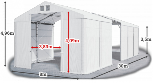 Skladový stan 8x30x3,5m střecha PVC 560g/m2 boky PVC 500g/m2 konstrukce POLÁRNÍ