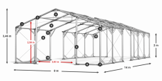 Skladový stan 8x14x2m střecha PVC 580g/m2 boky PVC 500g/m2 konstrukce POLÁRNÍ PLUS