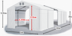 Skladový stan 5x30x3m střecha PVC 560g/m2 boky PVC 500g/m2 konstrukce POLÁRNÍ