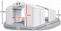 Skladový stan 8x16x2,5m střecha PVC 560g/m2 boky PVC 500g/m2 konstrukce POLÁRNÍ