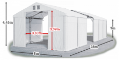 Skladový stan 8x28x3m střecha PVC 560g/m2 boky PVC 500g/m2 konstrukce POLÁRNÍ PLUS