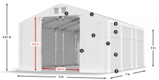 Skladový stan 5x7x3m střecha PVC 620g/m2 boky PVC 620g/m2 konstrukce ZIMA