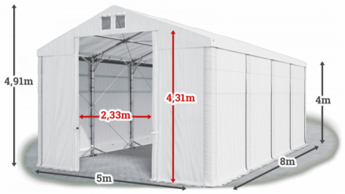 Skladový stan 5x8x4m strecha PVC 560g/m2 boky PVC 500g/m2 konštrukcia POLÁRNA PLUS