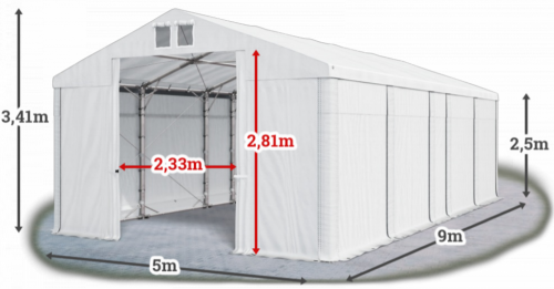 Skladový stan 5x9x2,5m střecha PVC 580g/m2 boky PVC 500g/m2 konstrukce POLÁRNÍ