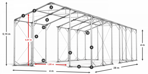 Skladový stan 4x28x4m strecha PVC 580g/m2 boky PVC 500g/m2 konštrukcia POLÁRNA