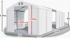 Skladový stan 8x26x4m strecha PVC 620g/m2 boky PVC 620g/m2 konštrukcia POLÁRNA PLUS