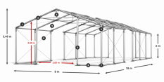 Párty stan 8x18x2m střecha PVC 560g/m2 boky PVC 500g/m2 konstrukce ZIMA PLUS