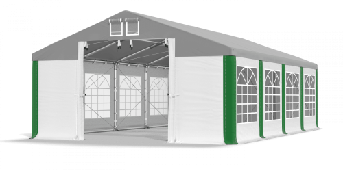 Párty stan 4x10x2,5m střecha PVC 580g/m2 boky PVC 500g/m2 konstrukce ZIMA PLUS - Barva střešní plachty: Šedá, Barva boční plachty: Bílá, Barva svislých pruhů: Zelená