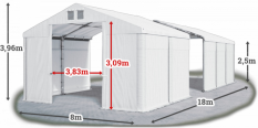Skladový stan 8x18x2,5m střecha PVC 620g/m2 boky PVC 620g/m2 konstrukce ZIMA