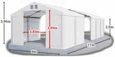 Skladový stan 8x17x2,5m střecha PVC 580g/m2 boky PVC 500g/m2 konstrukce POLÁRNÍ