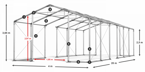 Párty stan 4x20x2,5m střecha PVC 620g/m2 boky PVC 620g/m2 konstrukce ZIMA PLUS