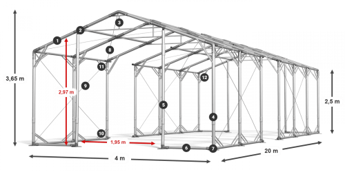 Skladový stan 4x20x2,5xm střecha PVC 620g/m2 boky PVC 620g/m2 konstrukce POLÁRNÍ PLUS