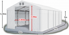 Skladový stan 8x9x3m střecha PVC 580g/m2 boky PVC 500g/m2 konstrukce POLÁRNÍ PLUS