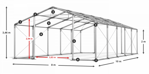 Skladový stan 8x10x2m strecha PVC 620g/m2 boky PVC 620g/m2 konštrukcia ZIMA PLUS