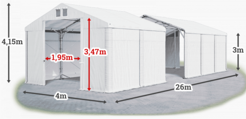 Skladový stan 4x26x3m střecha PVC 560g/m2 boky PVC 500g/m2 konstrukce POLÁRNÍ PLUS
