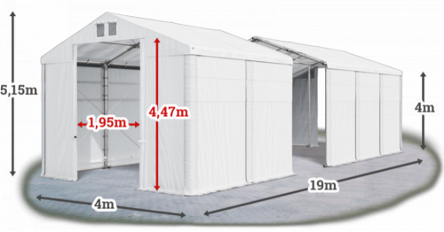 Skladový stan 4x19x4m střecha PVC 580g/m2 boky PVC 500g/m2 konstrukce ZIMA PLUS