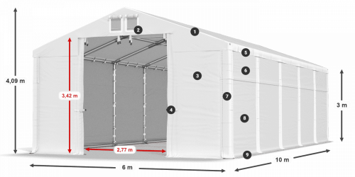 Garážový stan 6x10x3m strecha PVC 560g/m2 boky PVC 500g/m2 konštrukcia ZIMA