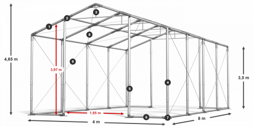 Párty stan 4x8x3,5m střecha PVC 560g/m2 boky PVC 500g/m2 konstrukce ZIMA PLUS