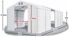 Skladový stan 8x15x4m střecha PVC 580g/m2 boky PVC 500g/m2 konstrukce POLÁRNÍ PLUS