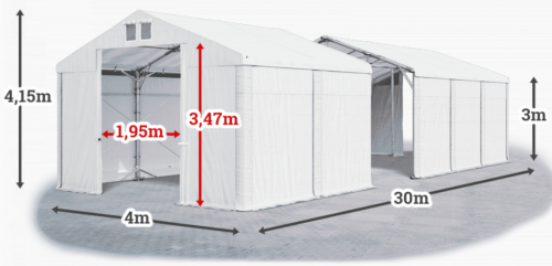 Skladový stan 4x30x3m střecha PVC 560g/m2 boky PVC 500g/m2 konstrukce POLÁRNÍ PLUS