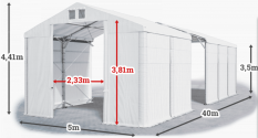 Skladový stan 5x40x3,5m strecha PVC 620g/m2 boky PVC 620g/m2 konštrukcia POLÁRNA PLUS