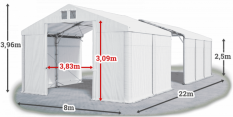 Skladový stan 8x22x2,5m střecha PVC 560g/m2 boky PVC 500g/m2 konstrukce POLÁRNÍ