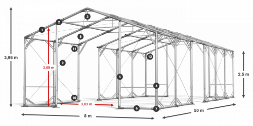 Skladový stan 8x50x2,5m strecha PVC 620g/m2 boky PVC 620g/m2 konštrukcia POLÁRNA PLUS