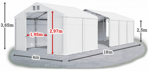 Skladový stan 4x18x2,5m střecha PVC 620g/m2 boky PVC 620g/m2 konstrukce POLÁRNÍ
