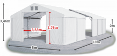 Skladový stan 8x18x2m střecha PVC 560g/m2 boky PVC 500g/m2 konstrukce POLÁRNÍ