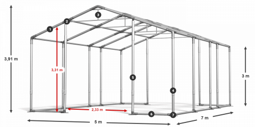 Skladový stan 5x7x3m střecha PVC 620g/m2 boky PVC 620g/m2 konstrukce ZIMA