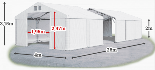 Skladový stan 4x26x2m strecha PVC 560g/m2 boky PVC 500g/m2 konštrukcia POLÁRNA PLUS
