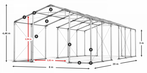 Skladový stan 8x20x3m střecha PVC 620g/m2 boky PVC 620g/m2 konstrukce ZIMA PLUS