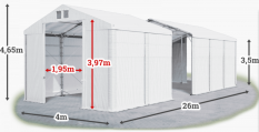 Skladový stan 4x26x3,5m střecha PVC 560g/m2 boky PVC 500g/m2 konstrukce POLÁRNÍ