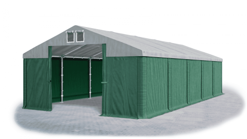 Garážový stan 4x8x2,5m střecha PVC 560g/m2 boky PVC 500g/m2 konstrukce ZIMA - Barva střešní plachty: Šedá, Barva boční plachty: Zelená, Barva svislých pruhů: Zelená