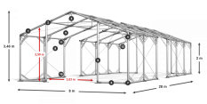 Skladový stan 8x28x2m střecha PVC 620g/m2 boky PVC 620g/m2 konstrukce POLÁRNÍ PLUS